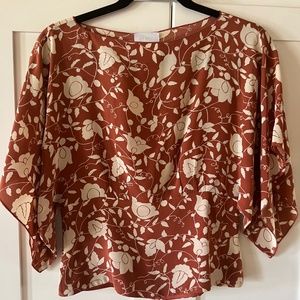 Anna Sui Kimono-style silk blouse, Size 2, Copper and cream print